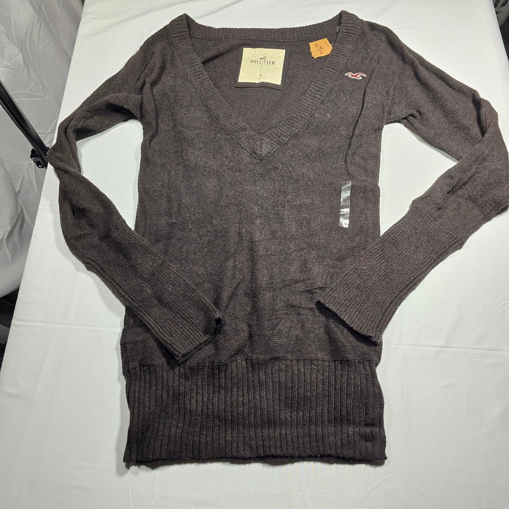Y2K Hollister Womens Brown V-Neck Sweater Cotton Rabbit Hair Blend Size M NWT